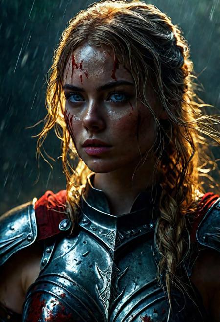Ultra detailed digital art masterpiece Warrior girl dressed in a iron Armor and red mini skirt, Standing on a battlefield at the head of an army of knights, where a bloody slaughter is taking place, standing in battle pose, a dark epic fantasy, perfect lighting, beautiful Sadie Sink as Warrior girl, attractive woman, elegant, beautiful woman of athletic body,  epic shot of the whole Warrior girl, unreal engine 5 nanite quality, dark fantasy, dark environment, very stormy day, LOTR style, dark washed out eyeliner, no make up, natural bloody pale face, realistic blue eyes, ultra detailed atmospheric details, beautiful glowing effects, sparkle effects, realistic body proportions, beautiful face proportions, complex masterpiece, wavy blonde hair, creative glowing detailed tattoos, complex physics, enhanced colors, complimentary colors, ultra detailed raytracing reflections, Ultra detailed complex background, environment feels alive, direct eye contact, dramatic lighting, wet and sweaty skin, beautiful firm Breasts, Daylight, Concept art by Greg Rutkowski, adding to the intense and dynamic atmosphere of the scene.