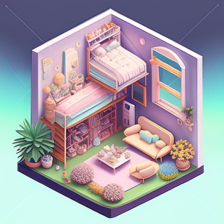 a photo of a clean Isometric_Dreams, a house with a staircase and a living room in it and flowers around the house and a staircase leading to the upper floor