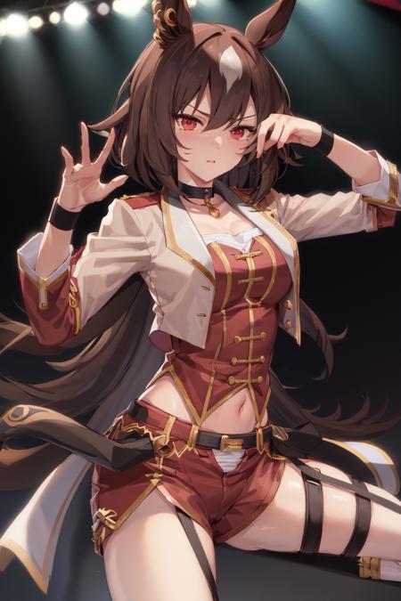 masterpiece, best quality,
srius symboli \(umamusume\),
stage light,
official alternate costume, choker, long sleeves, wristband, cropped jacket, white shirt, white jacket, red vest, midriff, red shorts, short shorts, garter straps, thighhighs, <lora:sirus_symboli_loha:0.8>