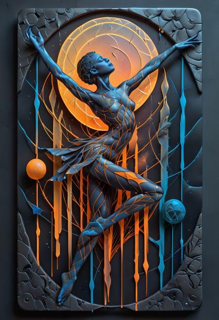 t ablet, Dancer weaving a spell, in the style of tarot cards, tarot card, black background, blue and orange, simple drawing art style, line art, one color only, Tattoo, hand drawn, geometric, dancer in the dark, floral, Dancer in the dark fades to darkness at his core but retains the colorful patterns of his youth leaking from the depression that consumed him 
 vibrant  colors, white background, neon and pastels, liquid graphite