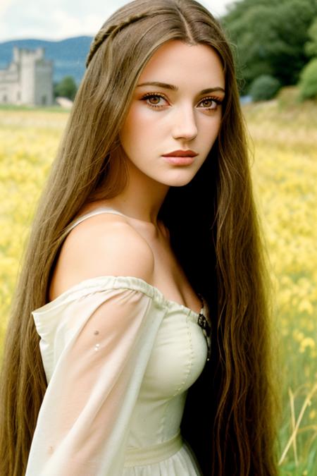 stunningly beautiful woman <lora:janes:1>, RAW, UHD, 8K, a grassy field, castle ruins in the background, simple faded white yellow dress, upper body, (close up), dark red brown eyes