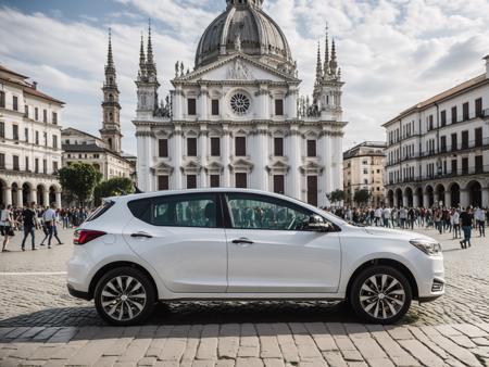 a white pearl evo parked in front of a baroque Duomo with many big marble busts of Saints that are walking in the plaza crossing his hands in a sunny summer daylight <lora:evo_car_D-adaptation-LoRA_SD21-768_v044-000010:0.6>