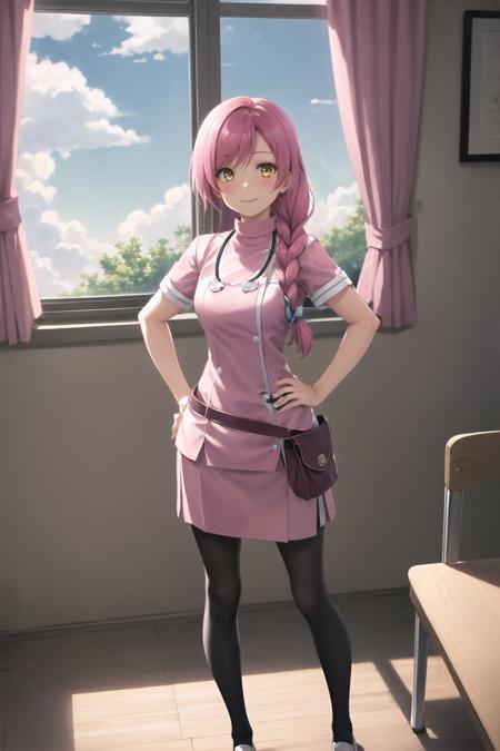 best quality, (masterpiece:1.2), illustration, absurdres, 
(1girl, solo), (beautiful detailed girl),
<lora:Linde-08:0.8>, Linde, pink hair, long hair, braid, medium breasts, yellow eyes,
nurse, pink nurse outfit, pink skirt, stethoscope, purple belt, pouch, black pantyhose, white shoes,
looking_at_viewer, smile, blush,
BREAK,
inside hospital, inside doctor's office,  examination table, medical charts, documents, books, folders,
day, window, curtain, sky, clouds,
hands on hips