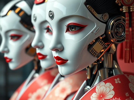 Hyperrealistic 3D render of cybernetic geisha robots, extreme close-up in 16K resolution. Porcelain-like face plates with nanoscale imperfections and subtle translucency. Eyes with multi-layered, mechanical iris mechanisms and fiberoptic circuitry visible within. Hair-fine wires and hydraulics visible at joint seams. Kimono fabric with intricate floral patterns and gold leaf, each thread distinct and casting micro-shadows. Metallic components with varying finishes - brushed, polished, and matte surfaces interacting with light. Subtle patina and wear on high-contact areas. Internal mechanisms visible through semi-transparent panels, showing miniature gears and pulsing LEDs. Decorative hairpieces with microscopic electronic components disguised as traditional ornaments. Background slightly out of focus, suggesting a high-tech display environment., portrait photography, cinematic, poster, vibrant, dark fantasy, fashion, conceptual art
