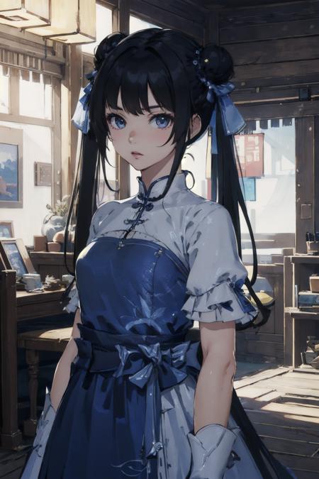 masterpiece,best quality,extremely detailed 8K wallpaper,1girl,zhaolinger,blue and white dress,hair bun,bangs,twintails,black hair,standing,looking at viewer,upper body,