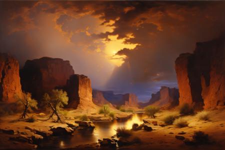 albert_bierstadt, a painting of a winding river in a deep canyon desert at night, landscape <lora:Albert_Bierstadt:1>