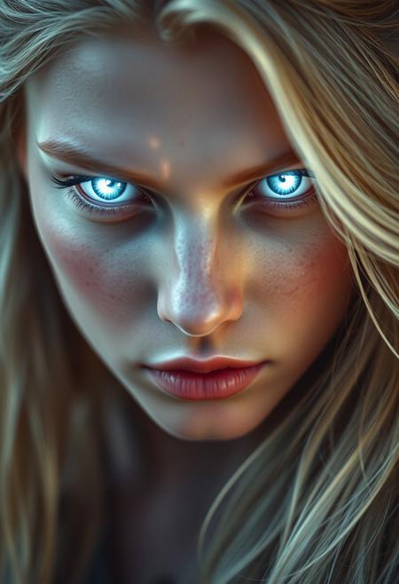 cinematic film still close up of a face, Envision a hyper-realistic image of an enigmatic female elven light mage, supremely powerful, clear beautiful porcelain skin, unblemished skin,  ,  her eyes twin white supernovae, White flames consumed her irises, . she is a living conduit of magic   Her long flowing hair blonde as dawn . the winds of magic form behind her, expression of pure rage
. shallow depth of field, vignette, highly detailed, high budget, bokeh, cinemascope, moody, epic, gorgeous, film grain, grainy