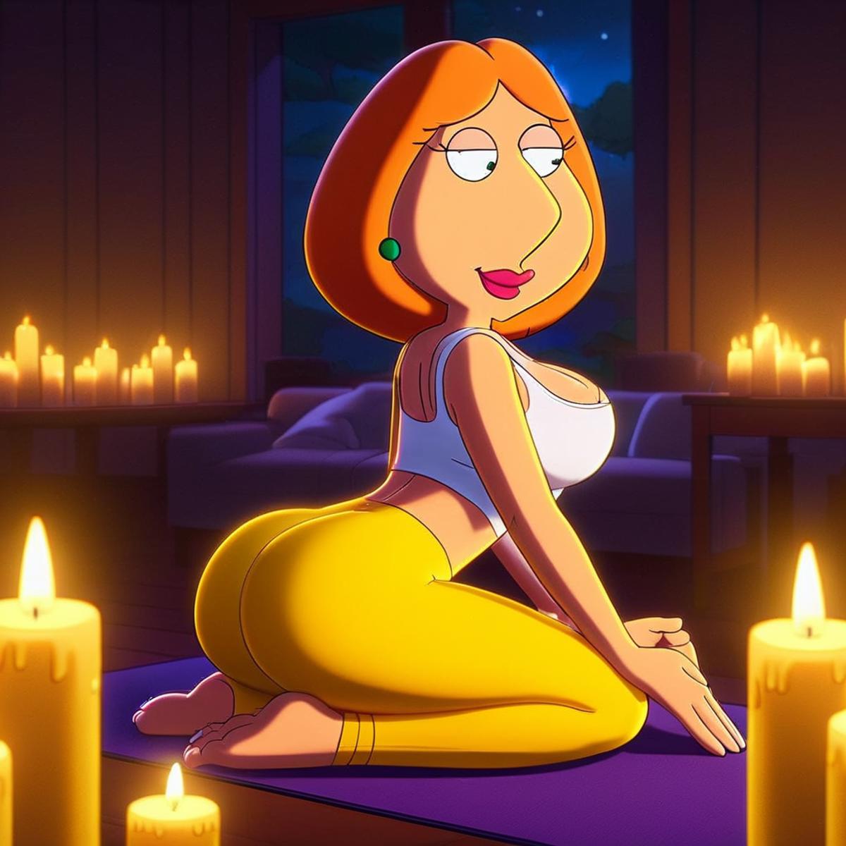 A cartoon character posing on a yoga mat with lit candles behind her.