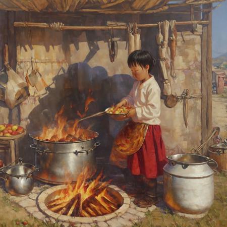 Mongolian girl cooking outdoor, seating 
highres, hq, highly detailed, oil painting, 
 <lyco:Meirzhan_Nurgozhin:1>