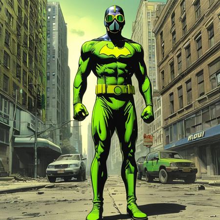 score_9, score_8_up, score_7_up, style of Brian Bolland, Full body, Solo, 1man, Superhero, (neon green and black power suit: 1.0), (power pose: 1.0), (radiation symbol on chest: 1.0), (superhero physique: 1.0), heavily muscled, (gas mask: 1.0), green energy, city background, masterpiece, detailed,