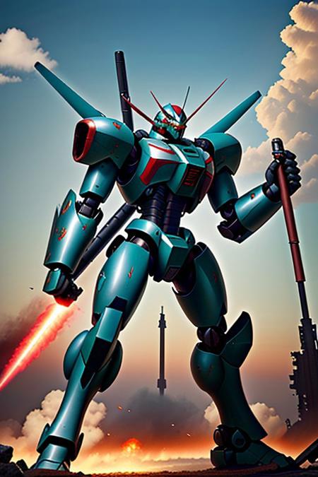 mecha armor with booster as the backpack, teal and red color mecha armor theme, flying toward the viewer, armaments equipped in the armor, right hand holding bazooka, destroyed city in the background,