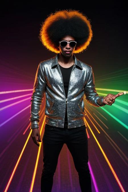 raw photo, upper body, disco, (80s, retro:1.1), dance floor, lasers, rainbow theme, a dancer man, 30 years old, sunglasses, big afro, (manly, wide jaw:1.2), dark skin, sparkly jacket, golden shirt, (vibrant colors:0.9),