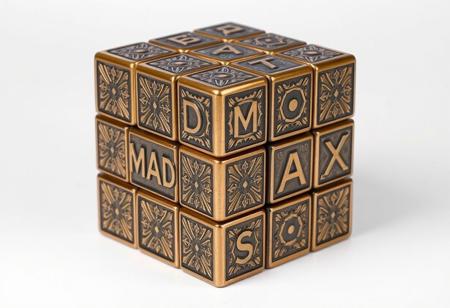 A bronze Rubik’s Cube inspired by Picasso’s cubist style, with each face designed with intricate geometric patterns and textures. The cube’s rows feature engraved text: the top row spells ‘MAD’, the middle row says ‘MAX’, and the bottom row displays ‘SAX’ in stylized lettering. The cube should look like a sculptural art piece with a vintage, surreal feel, capturing both the allure of cubism and the polished look of bronze. The background should be minimal to keep the focus on the cube’s artistic detail.”