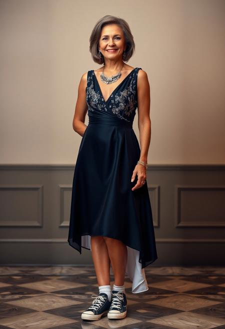 professional photo, detailed photo, perfect lighting
A photo of a 50 year old woman dressed to go to a fancy dinner party.  She is wearing a glamorous, knee length evening dress, expensive jewelry. She is wearing a pair of canvas sneakers and socks.