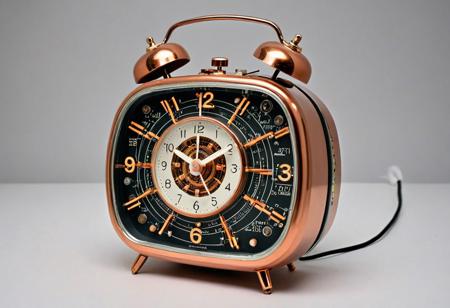 A vintage alarm clock redesigned as a retro-futuristic circuit object. The bells replaced by polished capacitors, the face covered in etched silicon pathways, hands glowing with LED traces. Clock body is copper-colored metal with exposed transistor logic and surface-mount detail. Precision and tech nostalgia combined.