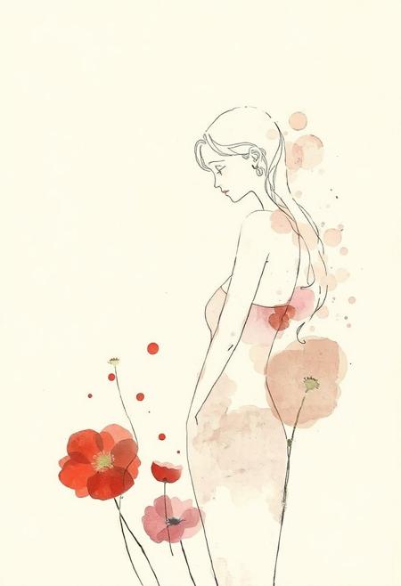 A delicate and emotionally expressive illustration unfolds, featuring minimal yet evocative linework that centers around ethereal female figures. The compositions are often sparse and graceful, with soft watercolor washes or splashes of vivid color—reds, pinks, and golds—adding bold contrast to the otherwise restrained palette. Figures are sensual and introspective, blending innocence with allure, often surrounded by abstract shapes, floral motifs, or dreamlike textures. Conrad Roset’s style fuses fashion illustration with fine art sensitivity, celebrating femininity, intimacy, and emotional nuance through poetic, minimalist beauty.