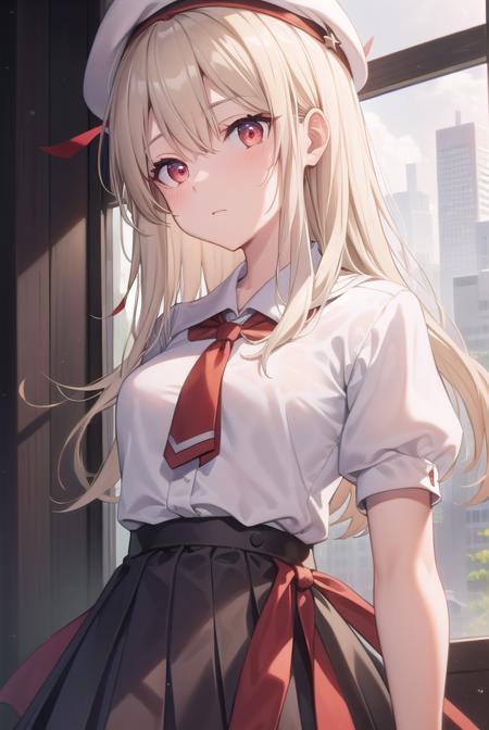 illyasvielvoneinzbern, <lora:illyasvielvoneinzbern-lora-nochekaiser:1>,
illyasviel von einzbern, blonde hair, hair between eyes, long hair, (red eyes:1.5),
BREAK beret, black skirt, brown footwear, collared shirt, hat, homurahara academy school uniform, kneehighs, loafers, pleated skirt, puffy short sleeves, puffy sleeves, red ribbon, ribbon, school uniform, shirt, shoes, short sleeves, skirt, socks, white headwear, (white shirt:1.5), white socks,
BREAK indoors, classroom,
BREAK looking at viewer, (cowboy shot:1.5),
BREAK <lyco:GoodHands-beta2:1>, (masterpiece:1.2), best quality, high resolution, unity 8k wallpaper, (illustration:0.8), (beautiful detailed eyes:1.6), extremely detailed face, perfect lighting, extremely detailed CG, (perfect hands, perfect anatomy),