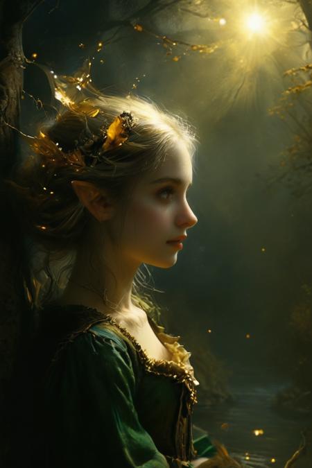 (art by rembrandt:1.3), (fantasy illustration of the world of tolkien, mythic fantasy:1.3), (female elf, Radiant gold touched with silver hair:1.3), (Very tall [Galadriel and Celeborn] were, and the Lady no less tall than the Lord; and they were grave and beautiful. They were clad wholly in white; and the hair of the Lady was of deep goldâ¦ but no sign of age was upon them, unless it were in the depths of their eyes; for these were keen as lances in the starlight, and yet profound, the wells of deep memory.:0.5)
 <lora:add-detail-xl:0.7> <lora:aesthetic:0.7> <lora:Into_Darkness:0.7> <lora:MJ52:0.4> <lora:ral-dissolve-sdxl:0.4> <lora:xl_more_art-full_v1:0.5>