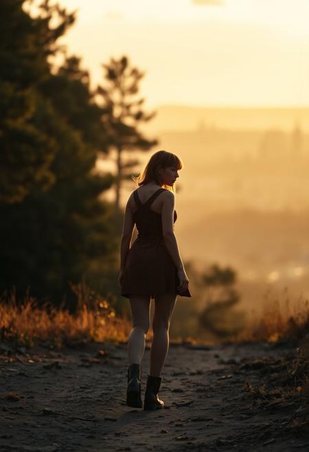 lone roguish female figure, walking away, glancing over shoulder, distant cityscape, transitioning from forest to urban environment, golden light of early morning or late afternoon, cinematic, journey progression, emotional warmth, subtle glance, candid, moment of doubt or hesitation, reflection on the journey, (forest in the background:1.2), city on the horizon, inviting introspection, natural light, dramatic lighting, depth of field, (captured naturally:1.2), (detailed background:1.3), (photorealism:1.4), 8k UHD, (blurry:-1.3), (lowres:-1.5), (ugly:-1.2), (mutated:-1.4), (worst quality:-1.4), (bad anatomy:-1.3), (cartoon:-1.1), (sketch:-1.1), (distorted proportions:-1.3), (extra limbs:-1.5), (cgi:-1.4), (extra characters:-1.5), (savanna:-1.4)
