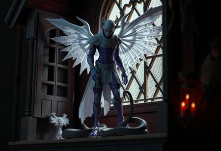 Create a close-up image of Doma, The Angel of Silence, standing on a grimdark, evil dollhouse near a window. The dollhouse should be in a dark, eerie environment. Doma should wear matt white ice color armor and have a purple, sectoid body. The character has cryokinesis and should be depicted in a mysterious, strangely terrifying pose, with a cobra nearby. The image should be rendered in a highly detailed, realistic style, with lifelike details and a golden ratio composition. The desired art style is a mix of Craftian, Pascal Blanche, and hyper-detailed, 3D art. The image should have a cinematic feel, with realistic lighting, and be rendered in 4K or 8K resolution. The style should be reminiscent of Gustave Dore and other historic artworks, with a mix of modern, trending art styles from Artstation and Deviantart.