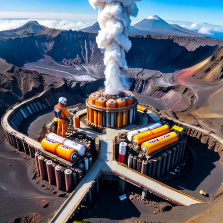 a power forge embedded in a volcano crater, conveyor belts moving molten battery material, engineers in insulated exosuits welding circuits, heat haze distorting the air, massive coils absorbing ambient energy, B4TT3R13S, made of batteries