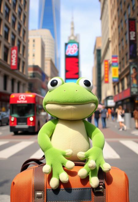 A soft cute , youthful and smiley stuffed frog named Freddy, happily arrives downtown in a big city looking for fun adventure
