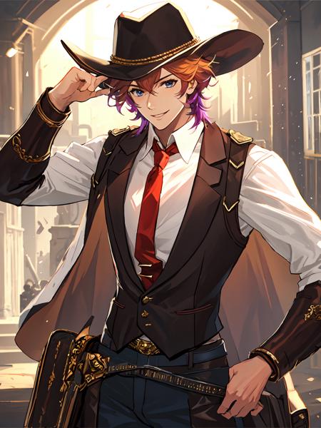 masterpiece,best quality,highres,cinematic lighting,dramatic angle,<lora:ShadowverseMaiser&SelenaV2:0.8>,maiser,1boy, messy hair,orange hair,gradient hair,multicolored hair,blue eyes,vest,jacket,necktie,white shirt,leather pants,sheath,smile,dust,hat,cowboy shot,cowboy western style town