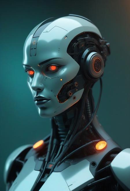 A close-up of a futuristic humanoid android with a sleek, metallic face in shades of teal, grey, and black. The android’s glowing orange-red eyes have geometric, mechanical pupils, giving an intense, focused gaze. Its face is smooth and humanlike, but segmented with visible panel lines and printed alphanumeric codes like "94R" beneath one eye. The lips are matte black, expressionless and cold. Attached to the side of the head is a cybernetic module with small illuminated symbols, hexagonal grids, and a connector-like structure. The neck transitions into a complex, dark mechanical collar made of layered, textured materials with cables and joints. The background is softly blurred with warm beige-yellow lighting and indistinct futuristic shapes, suggesting a sci-fi indoor setting. The overall mood is high-tech, enigmatic, and slightly ominous.