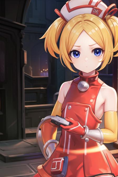 bsha, short hair, blue eyes, blonde hair, twintails, short twintails, gloves, hat, dress, boots, gun, huge weapon, orange footwear, orange dress, bare shoulders, red gloves,