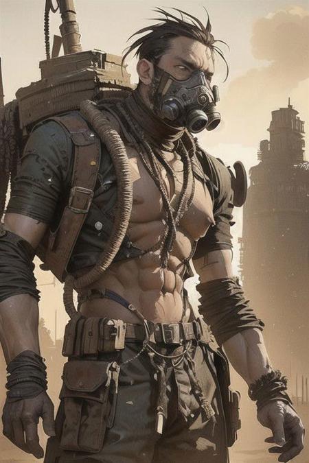 Midjourney aesthetics, 2d artwork, <lora:Scavengers:0.5>, upper body, a man on  watelands,  dreadlocks, gas mask, mech, dust, post apocalytic aesthetics, rusted heavy machinery on the background,  artistic approach, dynamic pose,