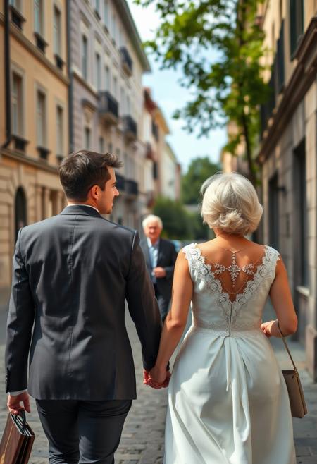 A young European heterosexual couple wore wedding attire to the Household Registration Office to notarize their marriage, and after completing the registration procedures, they were walking on their way home.
At this time, another elderly heterosexual couple with white hair came on the opposite street. The young couple passed by the elderly couple and both sides turned back to look at each other.
The young couple seemed to see their future, and the old couple seemed to see themselves when they were young, and both sides smiled knowingly at the same time.
FHD, Rich in details, masterpiece.