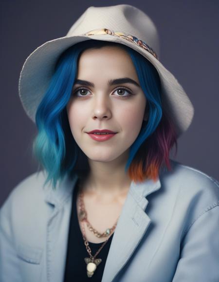 KiernanShipka,<lora:KiernanShipkaSDXL:1>, Realistic photo of a beautiful  woman, 1girl, solo, long hair, hat, jewelry, blue hair, jacket, multicolored hair, necklace, bracelet, lips, realistic, fashion, soft lighting, professional Photography, Photorealistic, detailed, RAW, analog, sharp focus, 8k, HD, DSLR, high quality, Fujifilm XT3, film grain, award winning, masterpiece