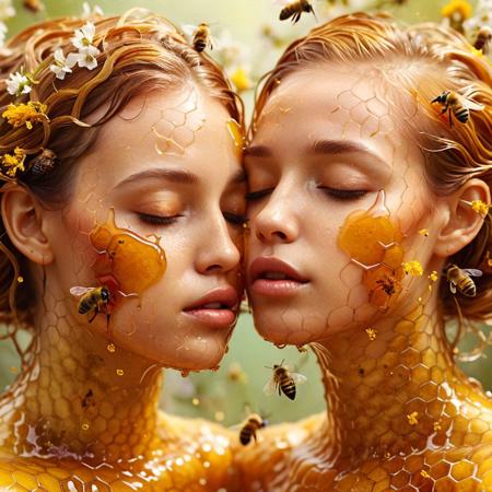close-up of intertwined figures, honey dripping, lips intertwined, closed eyes, bees clinging to hair, beehive texture, honeycomb, wildflower blossoms, soft focus, vibrant colors, bokeh, photorealistic