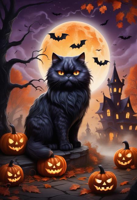 Create a captivating Halloween-themed illustration that embodies the enchanting atmosphere of the holiday. Focus on whimsical elements such as playful ghosts, friendly pumpkins, and vibrant autumn leaves. Incorporate a moonlit sky with twinkling stars, and include charming creatures like owls and bats in a non-threatening manner.
The design should be rich in color, using deep purples, oranges, and blacks to evoke a festive spirit. Consider adding a haunted house silhouette in the background, surrounded by swirling mist and glowing lanterns. The overall composition should be magical and inviting, perfect for celebrating the joy of Halloween without any elements of violence or negativity.
Ensure that the wallpaper is visually striking, with intricate details that capture the viewer’s imagination, making it a unique addition to any Halloween celebration.
((A huge cute Persian cat monster))
The cat is the biggest
Spooky Halloween style