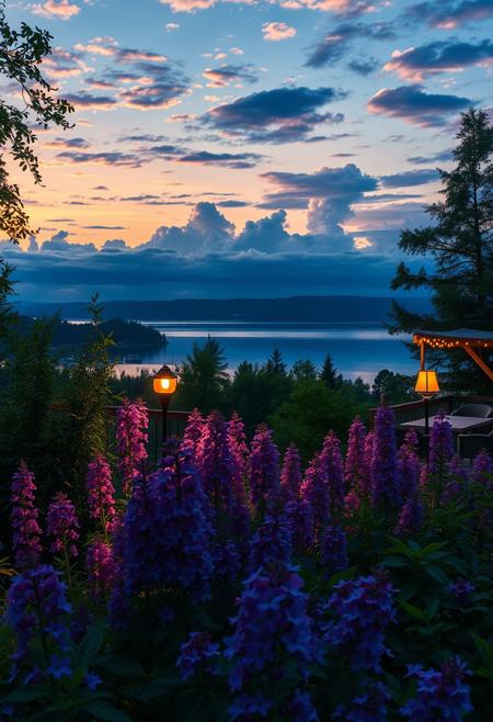 detailed background,( Calm spring night landscape), amongst lush greenery, beautiful view, creeping phlox in full bloom, creeping phlox, early morning, sunrise sky, beautiful clouds, dappled sunlight, outdoor seating, one lamp, Tranquil Lake, Boat on a Lake, depth of field, masterpiece, best quality, ultra-detailed, very aesthetic, illustration, perfect composition, intricate details, absurdres, moody lighting, wisps of light, no humans,