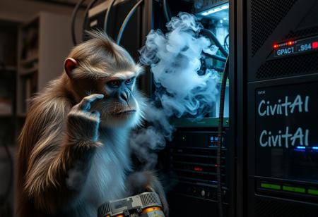 Monkey disguised as a Developer scratching his head, hard at work bringing GPU server back to life, smoke coming out server rack, CivitAI written on the server rack side