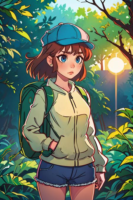 (best quality, masterpiece1.2), (detailed eye:1.2), intricate detail, depth of field, 1girl, long sleeves, cap, shorts, jungle, backpack, sun, tired, standing