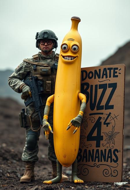 A highly detailed, full-figure real-life Marine Corps perfect soldier, standing still in a strong, disciplined stance. The soldier is fully equipped with modern, advanced weaponry and tactical gear, ready for action, displaying intense focus. In front of them stands a 2-meter-tall anthropomorphic yellow banana with human-like limbs, expressive eyes, and a mischievous grin, creating a surreal juxtaposition. Next to the banana is a cool, intricately detailed cardboard sign with complex designs that reads, ‘Donate Buzz 4 Bananas,’ featuring creative typography and artistic elements. The scene is rich in texture and contrast, blending the serious military theme with absurd humor.