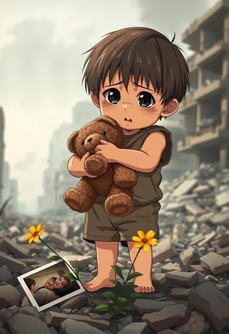 In anime style
A tearful child,  clutches a worn teddy bear tightly, standing alone in the rubble of a war-torn city. Soft natural lighting highlights the child's expression of fear and confusion. The background shows collapsed buildings, smoke rising in the distance. A single flower grows through the debris near the child's bare feet. The child's clothes are tattered and dirty. A discarded family photo lies partially visible in the rubble nearby. The sky is a somber gray. Captured with a high-end digital camera, shallow depth of field focusing on the child's eyes, high detail and resolution, muted color palette except for the bright flower and the child's eyes. emotional impact, raw and unposed.