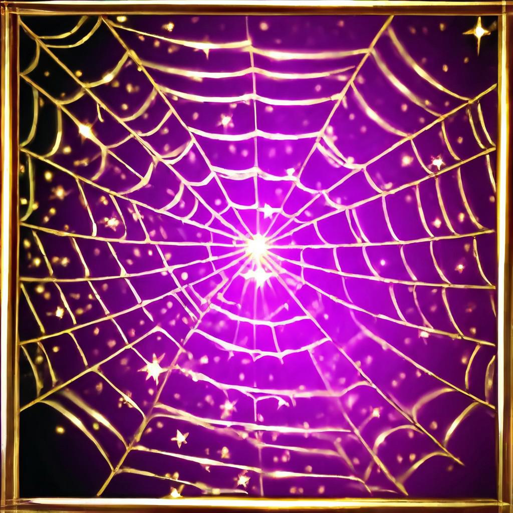 Black to purpure gradient background, golden frame, close-up spider web, sparks, golden stars, magic, casting spell