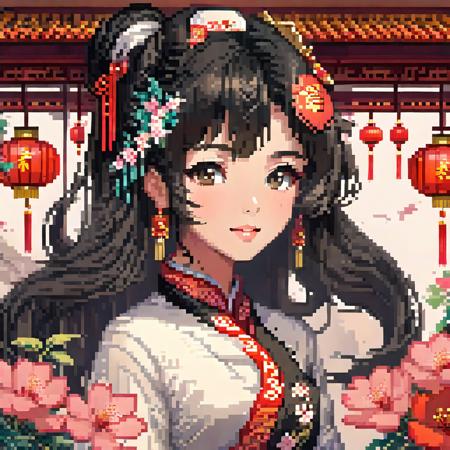 pixel art,
upper body,((((black hair)))),(solo:1.5),anime face,((detailed face)),(((masterpiece))),(((best quality))),(((extremely delicate and beautiful)))),ultra-detailed,(((beautiful detailed eyes))),(((qipao))),(cheongsam),(Chinese style),smile,long hair,((( flying petals))),