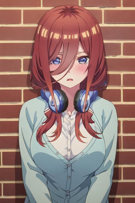 best quality, masterpiece, highres, solo, {nakano_miku_gotoubunnohanayome:1.15}, long_hair, brown_hair, bangs, hair_between_eyes, blue_eyes, headphones_around_neck, headphones, blush, closed_mouth, shiny_hair, 1girl, open_mouth, shirt, upper_body, white_shirt, breasts, brick_wall, long_sleeves, shiny