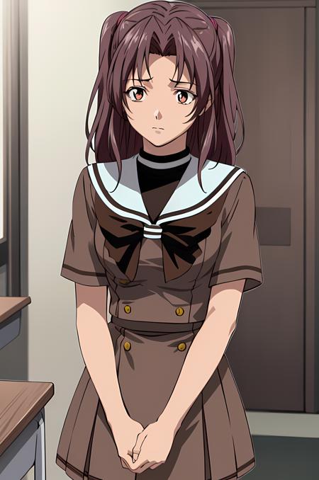 (exceptional, best aesthetic, best quality, extremely detailed), 1girl, solo, fujisakiakari, brown_serafuku, brown_skirt, sad, looking_down, arms_behind_back, classroom