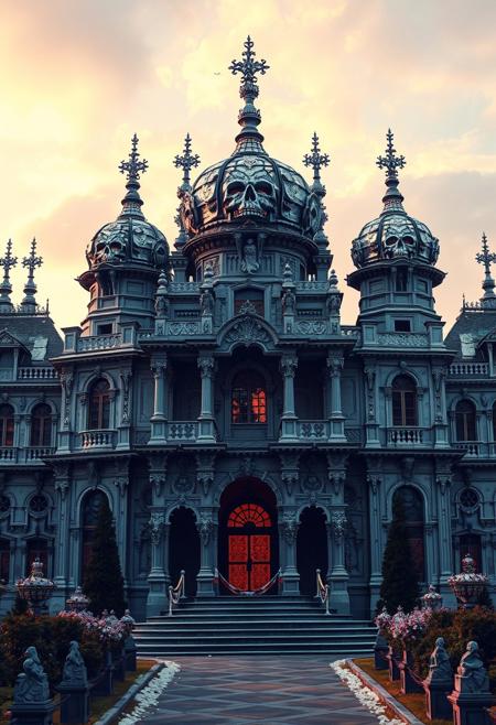 A palace made of diamonds and the roofs is shaped like skulls