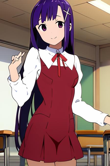 masterpiece, best quality, 1girl, detailed face and eyes, from front, smile, indoors, classroom, face focus, 
<lora:zange_kannagi-v4:0.9>, zange \(kannagi\), purple hair, cross hair ornament, school uniform, red dress, neck ribbon, white shirt, long sleeves,