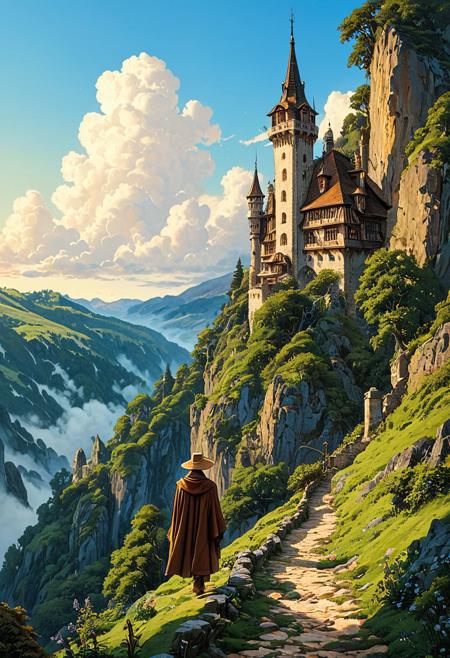 A breathtaking fantasy landscape featuring a medieval house perched precariously atop a towering rocky cliff. The house is an old, wooden and stone structure with steep, pointed roofs, balconies, and chimneys, giving it a whimsical, fairytale-like appearance. Below, a lone traveler wearing a brown cloak and wide-brimmed hat walks along a winding mountain path, gazing up at the house. The lush, green hillside is dotted with trees and deer grazing in the distance. In the background, a majestic castle with towering spires rises over the valley, partially obscured by mist. The sky is a brilliant blue with fluffy white clouds, and the entire scene is painted in a semi-realistic, hand-drawn fantasy illustration style reminiscent of classic storybook art. The lighting is warm and golden, creating a dreamy, enchanted atmosphere. , anime, cyberpunk