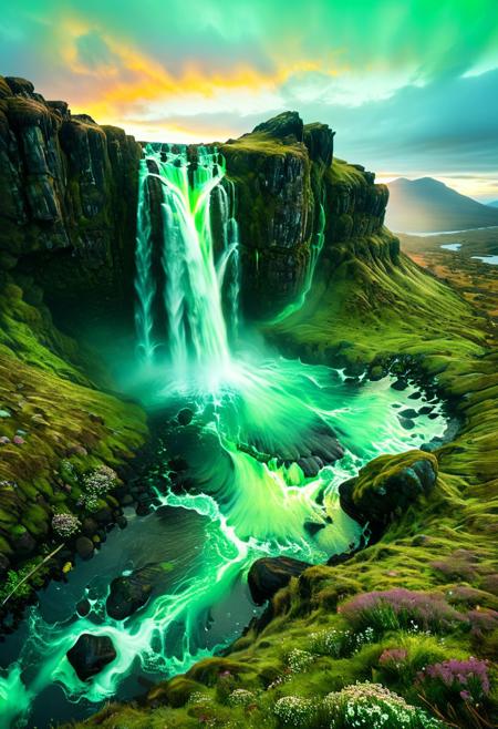 (by Ellen Jewett:1.5), (Bioluminescent Impressionism, Scottish highland  landscape, The Dreamland, green earth, heather, sky sunset, sunrise ,waterfall, ethereal landscapes, depth of field, biotech emotion:1.3) <lora:xl_more_art-full_v1:0.5> <lora:add-detail-xl:1> <lora:RMSDXL_Creative:2>
