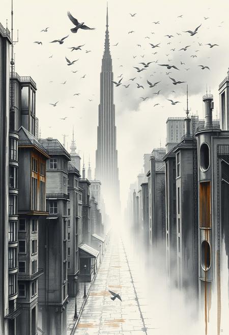 A surreal cityscape rendered in flowing watercolor and ink spreads across a canvas of mist and metal. Skyscrapers shimmer in soft brushed silver, their forms broken and reassembled into gothic echoes—windows like hollow eyes, rooftops bristling with delicate ironwork. Interwoven through the steel skeletons are streaks of walnut brown, like veins of old wood clinging to modernity. Rain has just fallen, and ink-bleed reflections pool on worn stone streets. A lone towering structure dominates the skyline—an imposing silhouette wrapped in fog, its spire vanishing into the clouds. Birds in chaotic motion scatter across the sky, dissolving into abstract lines as they ascend. The composition breathes mystery, with negative space and delicate line work creating a sense of both expansion and isolation. Every brushstroke feels deliberate, fragile yet bold, blending the ancient techniques of East Asian ink painting with a contemporary, dystopian dream.