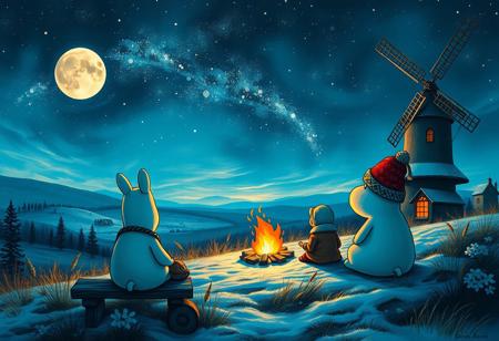 score_9, score_8_up, vivid colors, vibrant colors,  Expressive, vivid colors,  Moomin:3, Moomintrollen:3,  far away, wallpaper, beautiful landscape, masterpiece,  Winter:3, Campfire, Sitting
looking in the distance:3, backview, looking at landscape, windmill, Rococo:3, Huge Nightsky, lots of stars, moon, galaxy, characters are far away