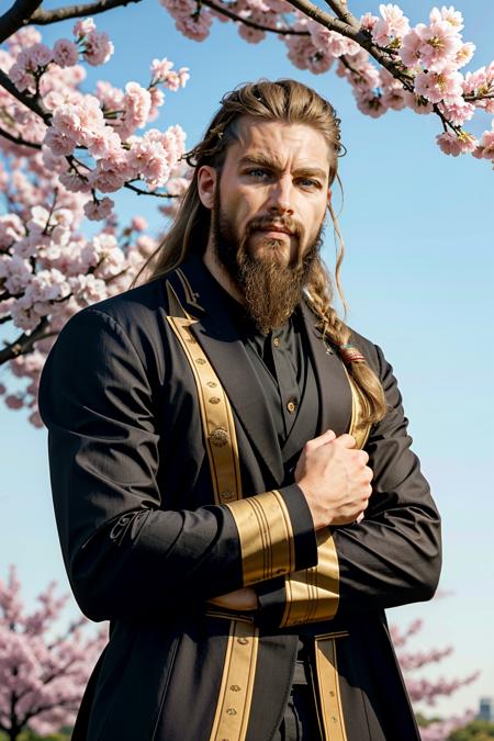 ((masterpiece, best quality))
 <lora:AssaMaleEivor:0.8>
AssaMaleEivor, 1boy, solo, long hair, beard, blonde hair, blue eyes, Beneath a cherry blossom tree in bloom, modern suit with a hint of traditional influence, stoic expression while holding a sakura branch